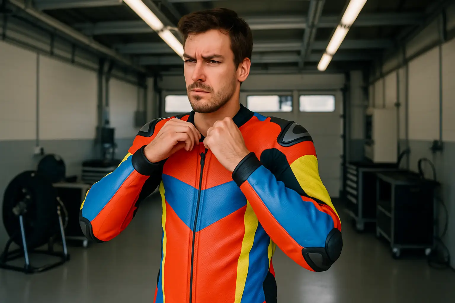 MotoGP rider adjusting leather race suit in paddock garage before a race