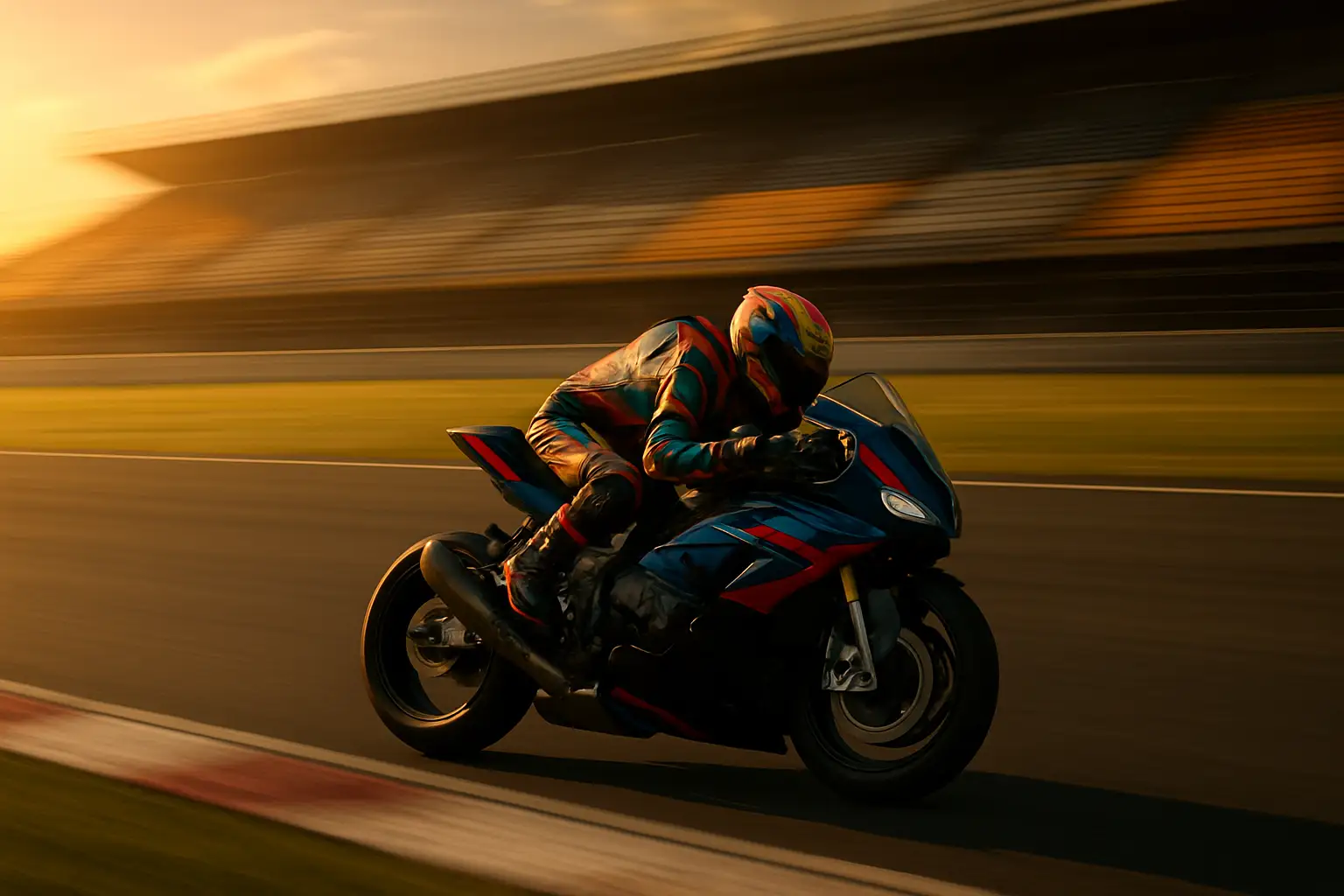 A motorcycle racer in full leathers and helmet leans through a corner on a superbike during a race