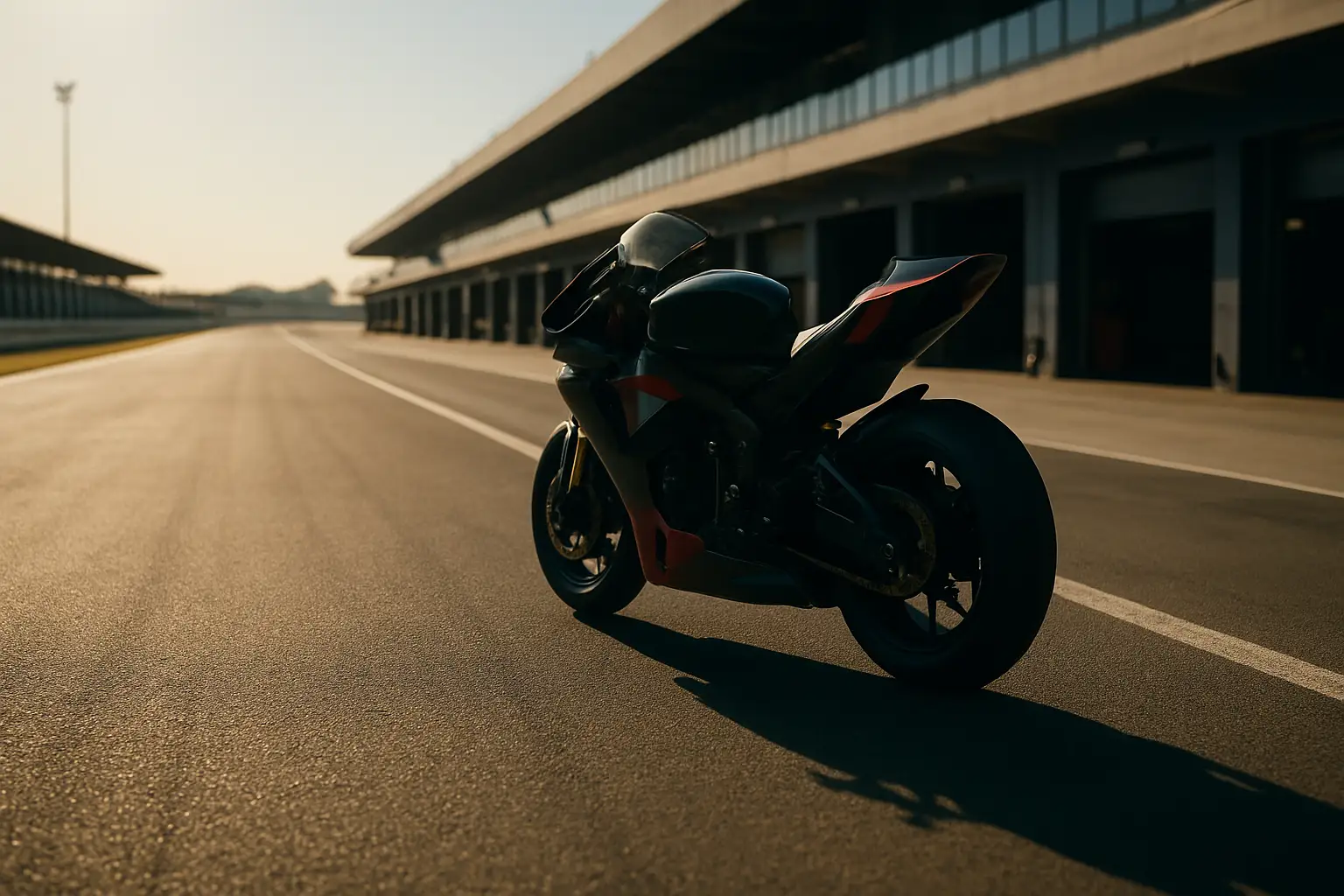 A MotoGP motorcycle on track during a race weekend with grandstands in the background