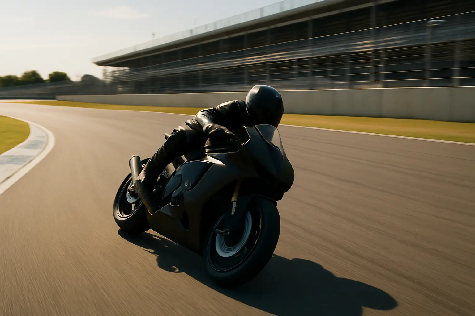 A motorcycle racer leans into a corner on a MotoGP circuit at speed