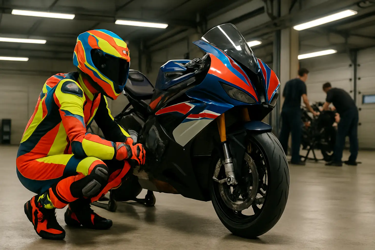 A motorcycle racer in full leathers and helmet preparing to leave pit lane at a race circuit
