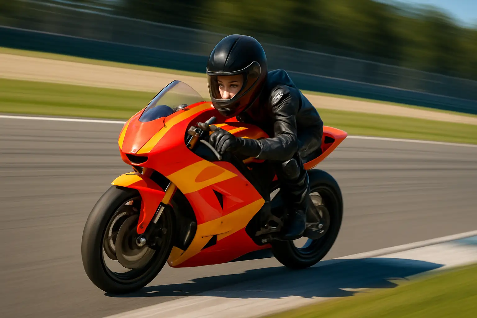 A young motorcycle racer on a grand prix bike leaning through a corner on a racing circuit