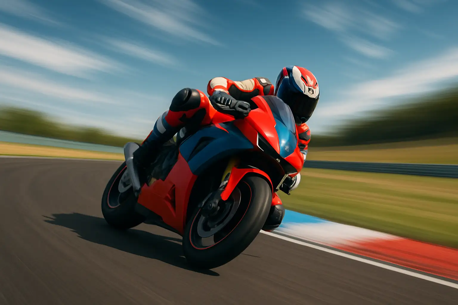 A MotoGP rider on a racing motorcycle leaning into a corner at high speed on a race circuit