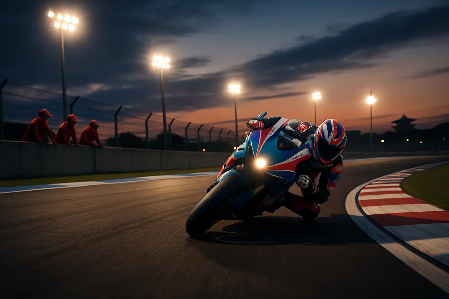 A MotoGP-style motorcycle racing on a technical circuit at dusk during an endurance event