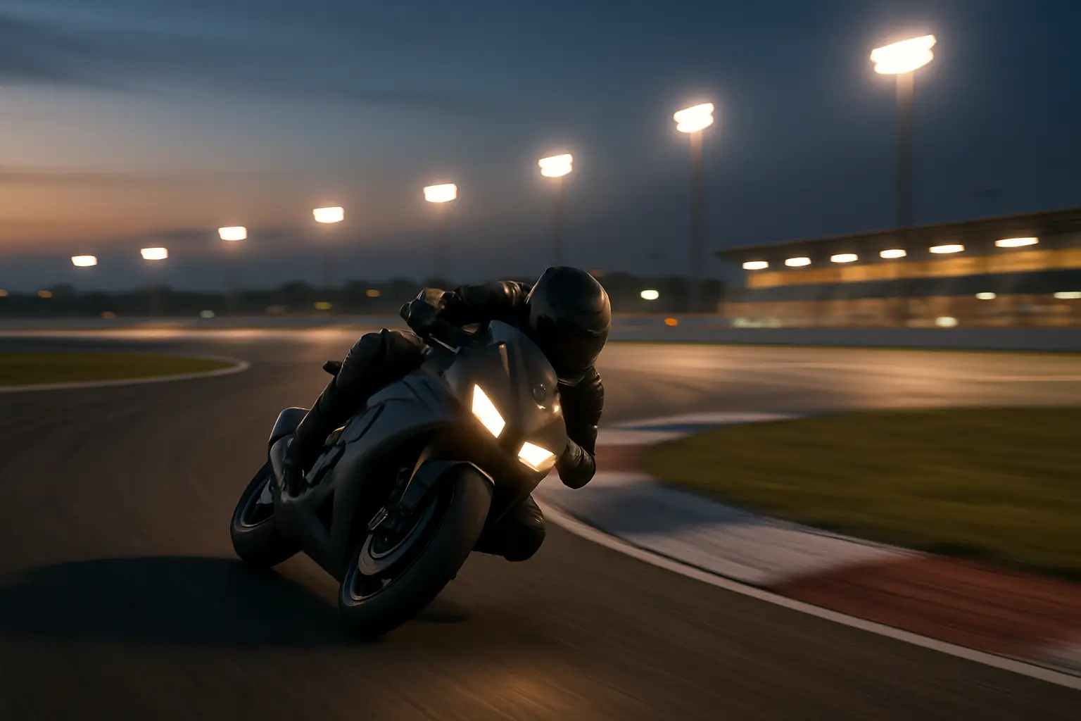 A motorcycle rider in full racing gear navigating a high-speed circuit bend at dusk during an endurance race