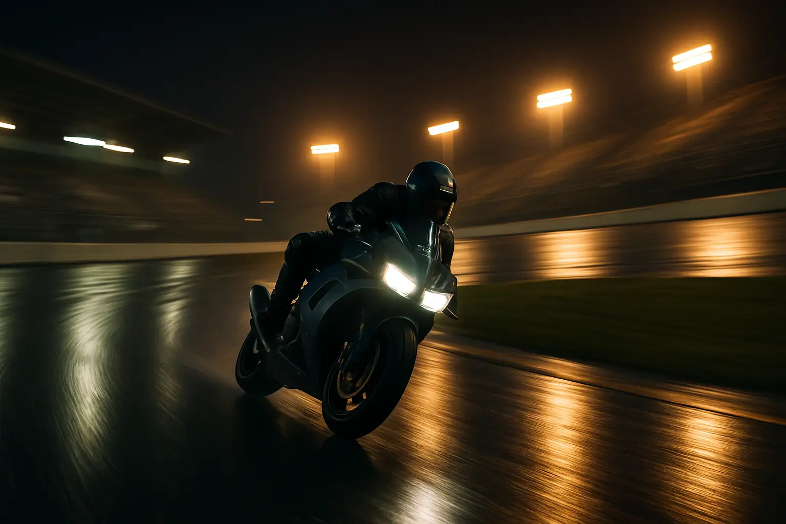 A motorcycle racer leaning deep through a high-speed corner at a Japanese circuit under floodlights