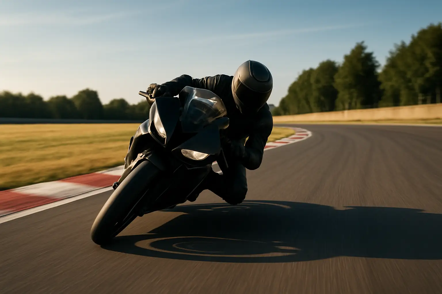 MotoGP rider on factory bike leaning through a high-speed corner on a race circuit