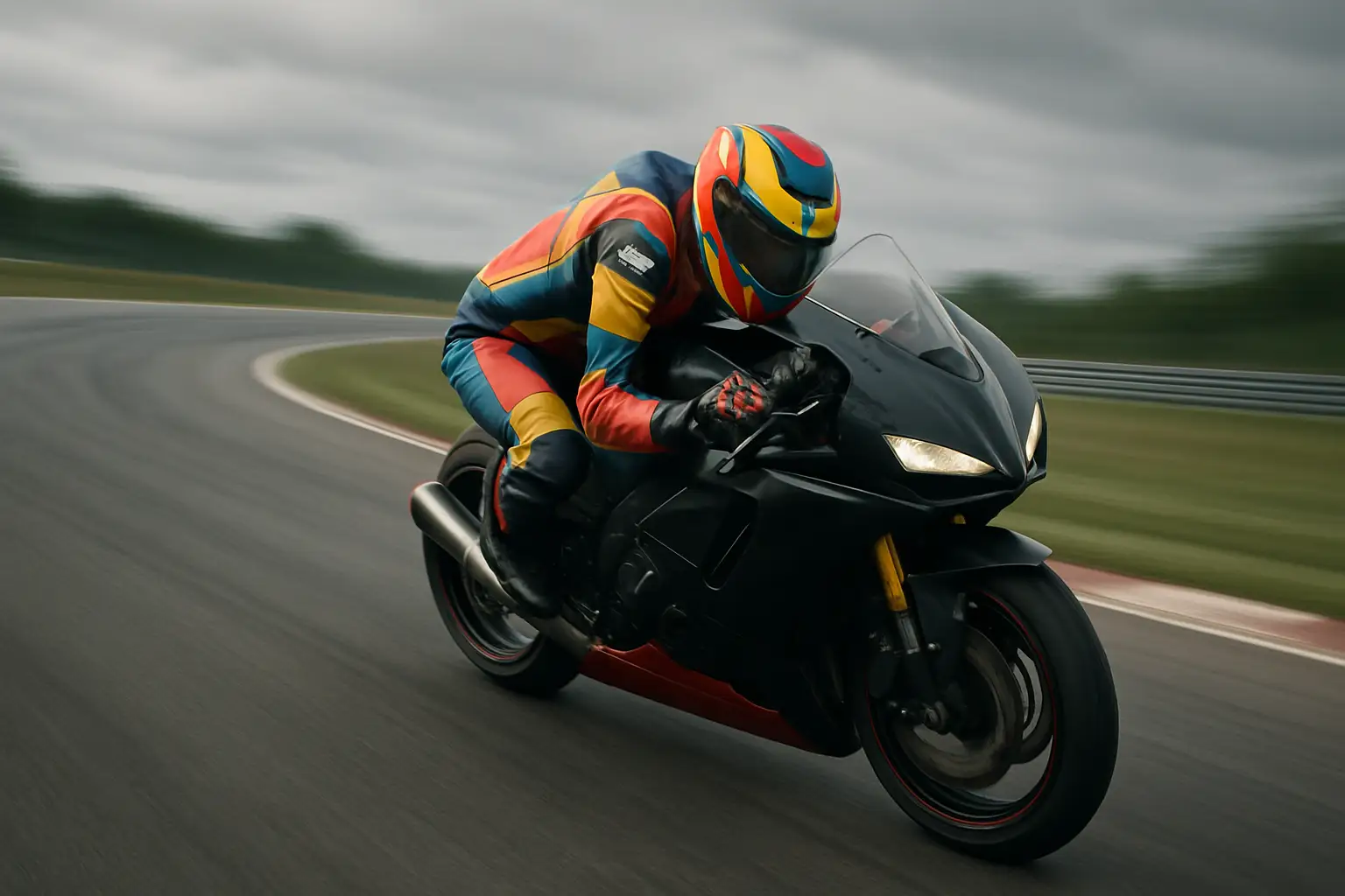 A motorcycle racer in full leathers and helmet leans aggressively through a high-speed corner on a racing circuit