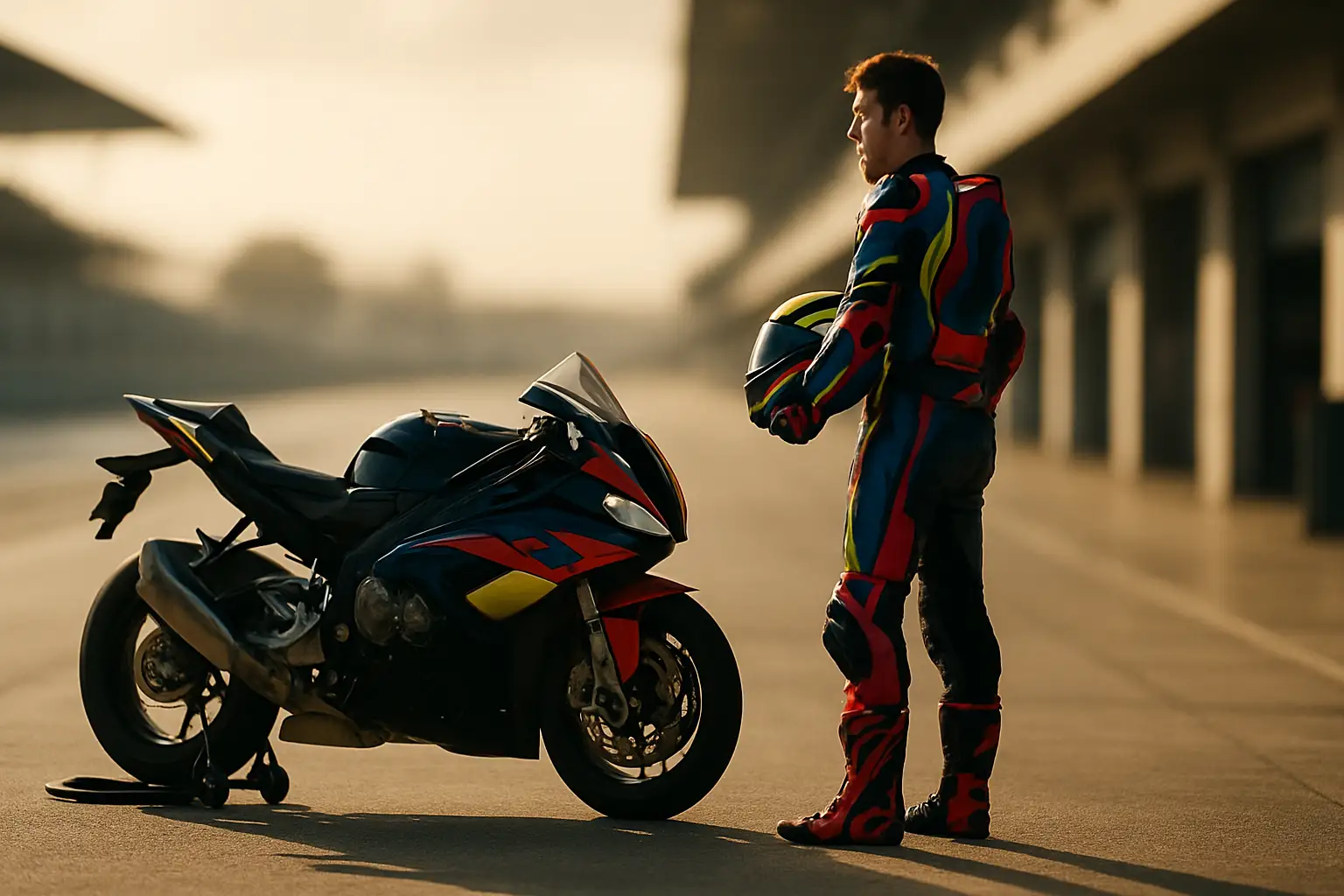 MotoGP rider in full racing leathers preparing to mount a superbike on pit lane