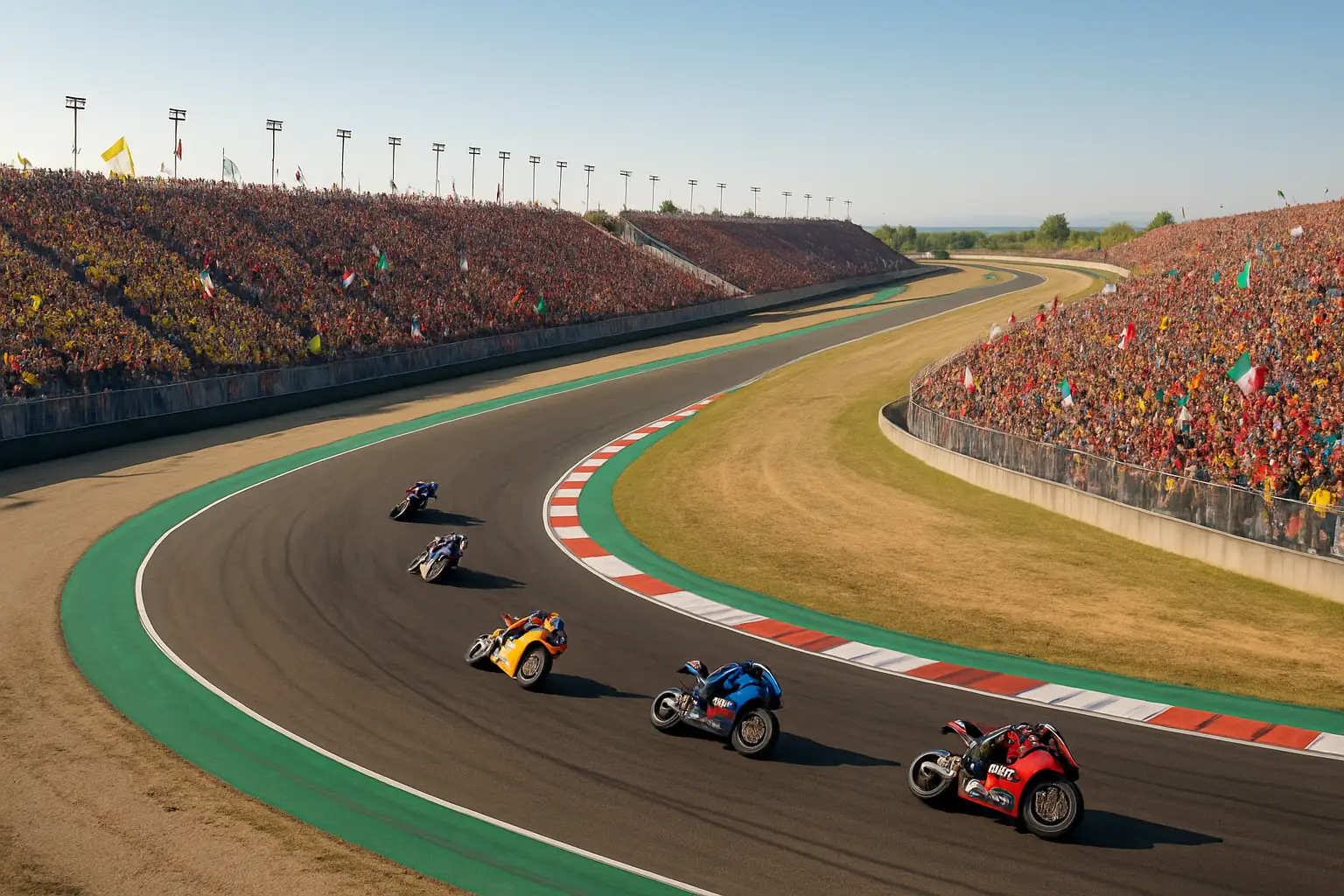 MotoGP riders on track at the Twin Ring Motegi circuit in Japan with colorful grandstands packed with fans in the background