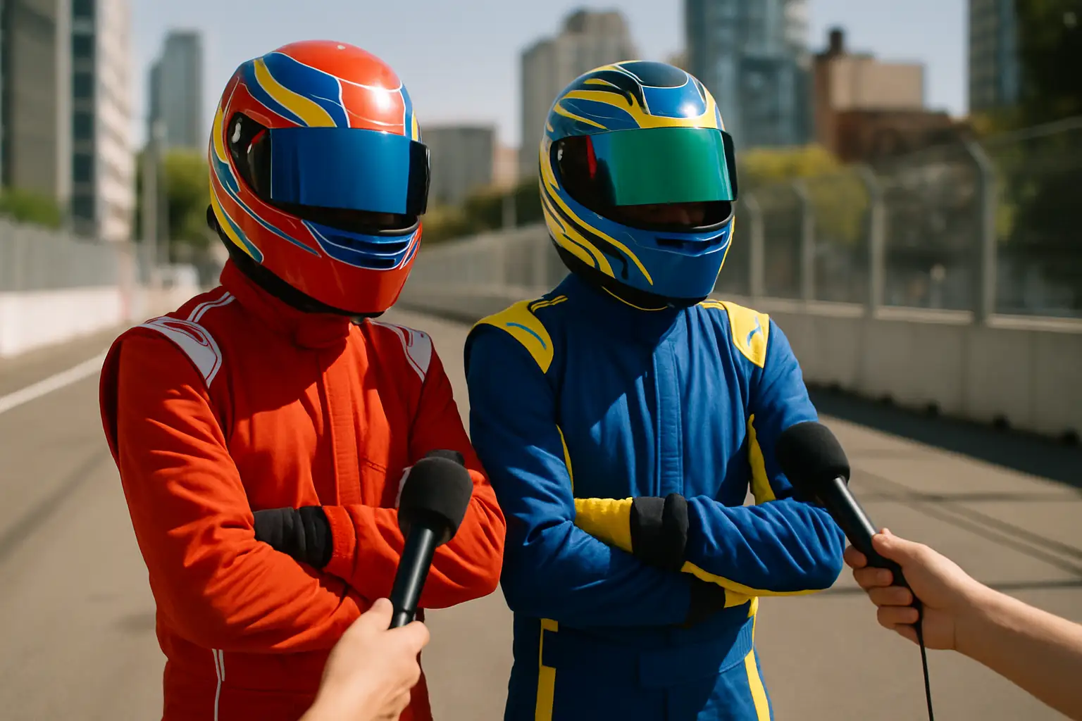 Two racing drivers in fireproof suits speaking to media in a pit lane after a street circuit race