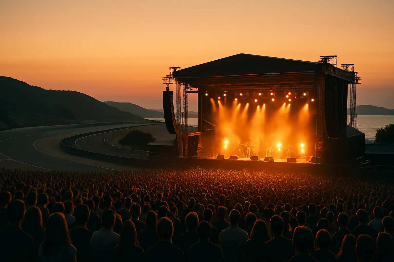 A packed outdoor concert at a motorsport circuit under floodlights at dusk