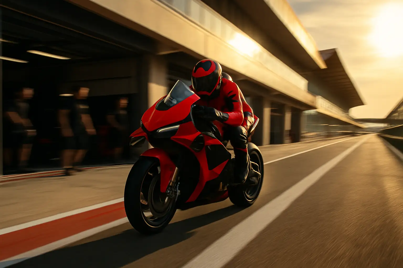 MotoGP motorcycle racing on a circuit with team garage in the background