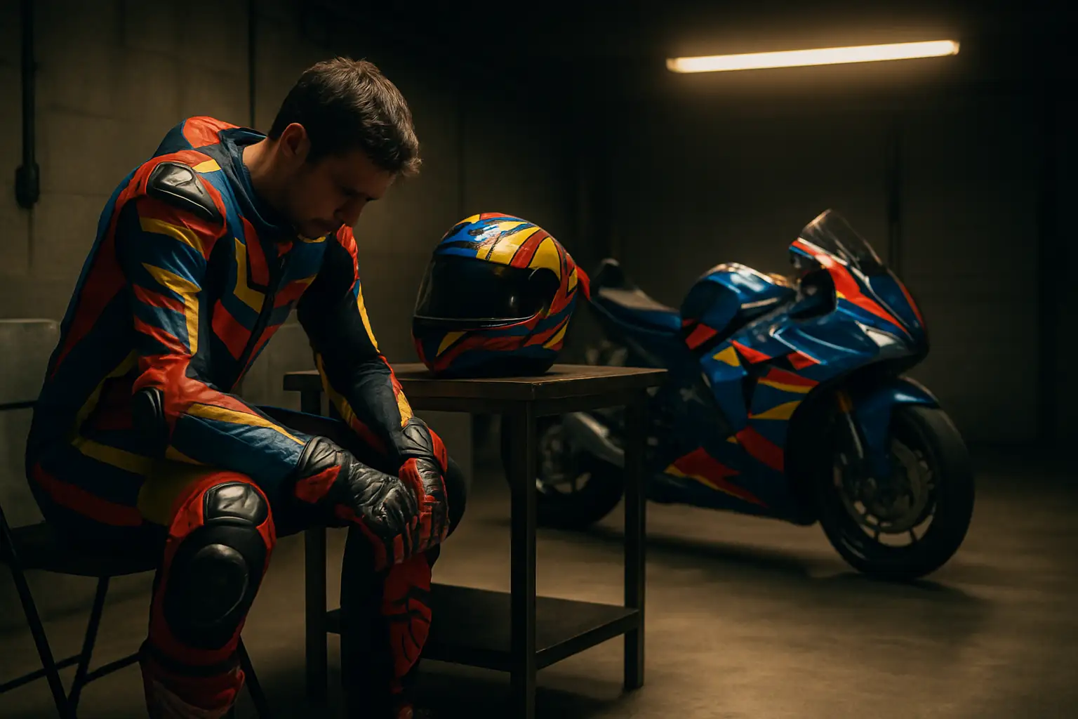 MotoGP rider in racing leathers sitting in a garage looking thoughtful beside a motorcycle
