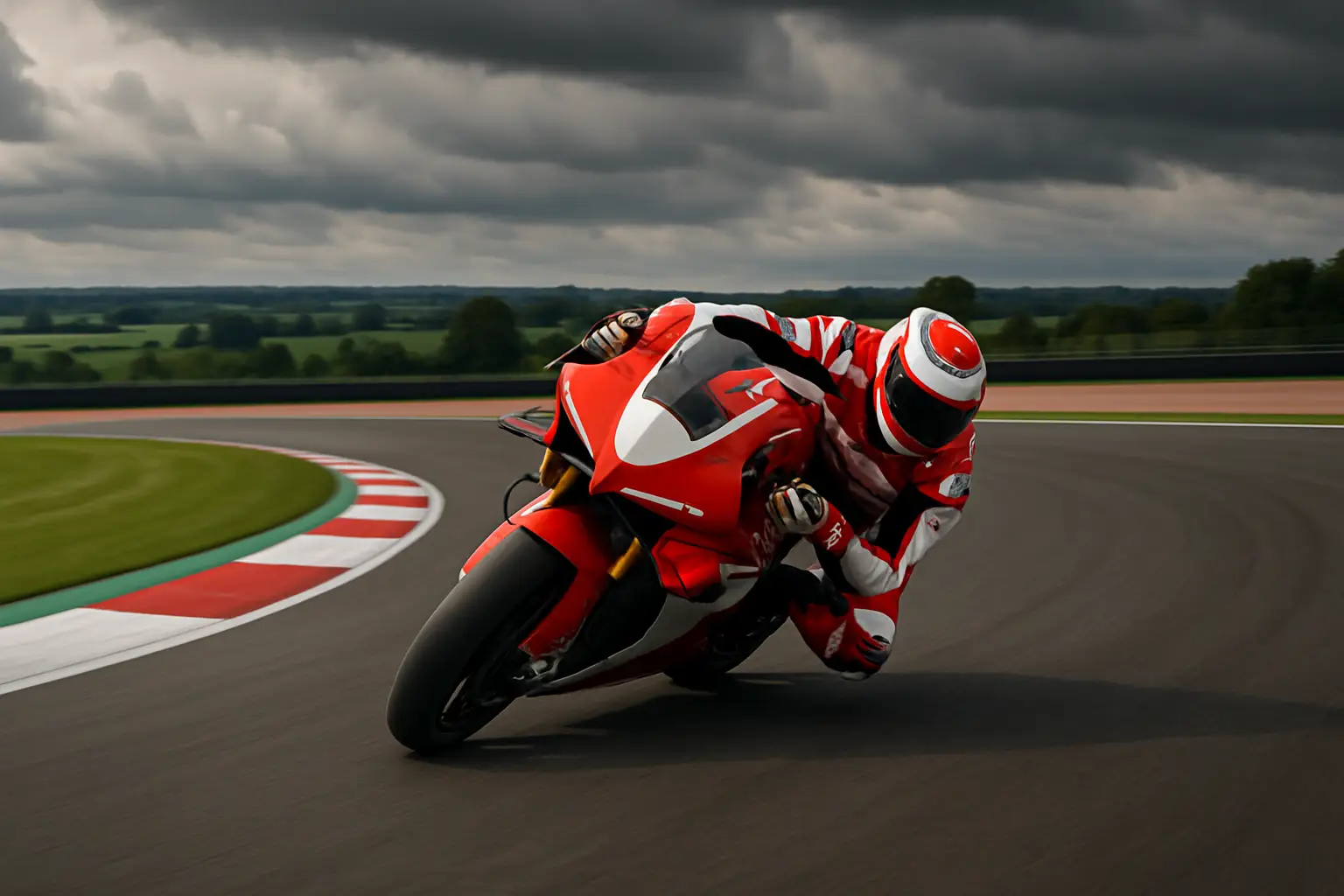 MotoGP rider on a Honda RC213V accelerating through a high-speed corner at Silverstone