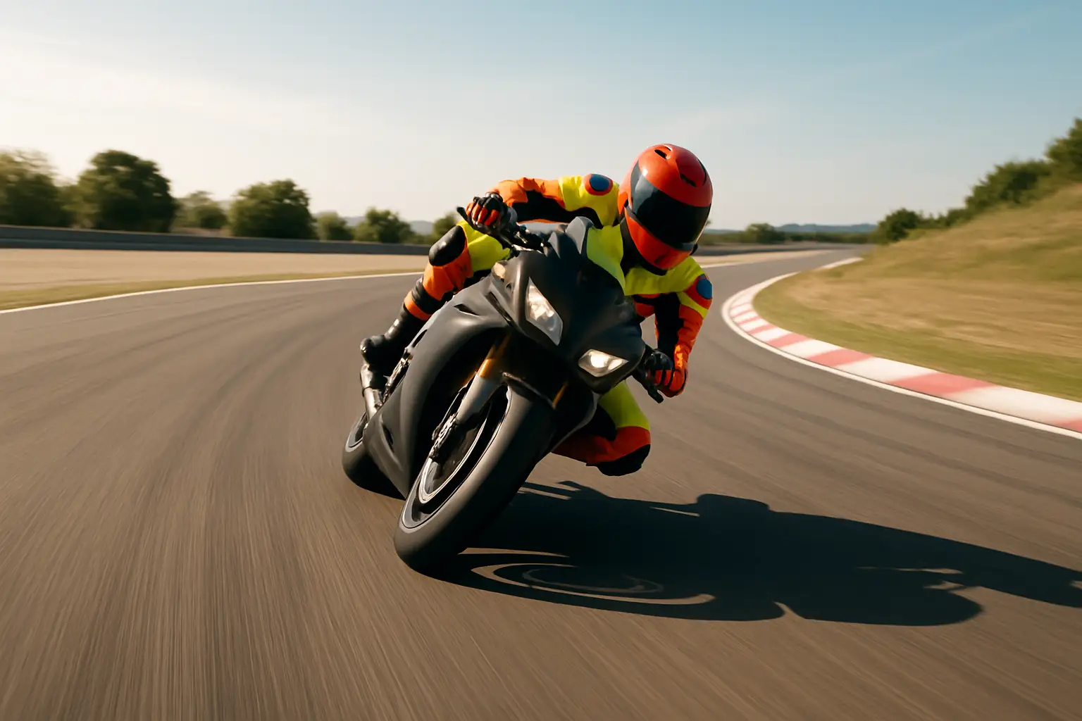 A MotoGP rider in full racing leathers and helmet leans into a corner on a racing motorcycle on an empty track
