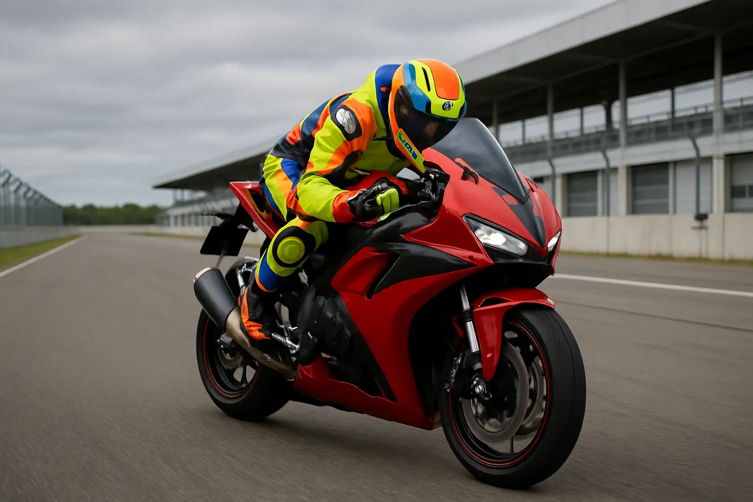 A MotoGP rider in full leathers crouched over a red superbike on a circuit during a private test session