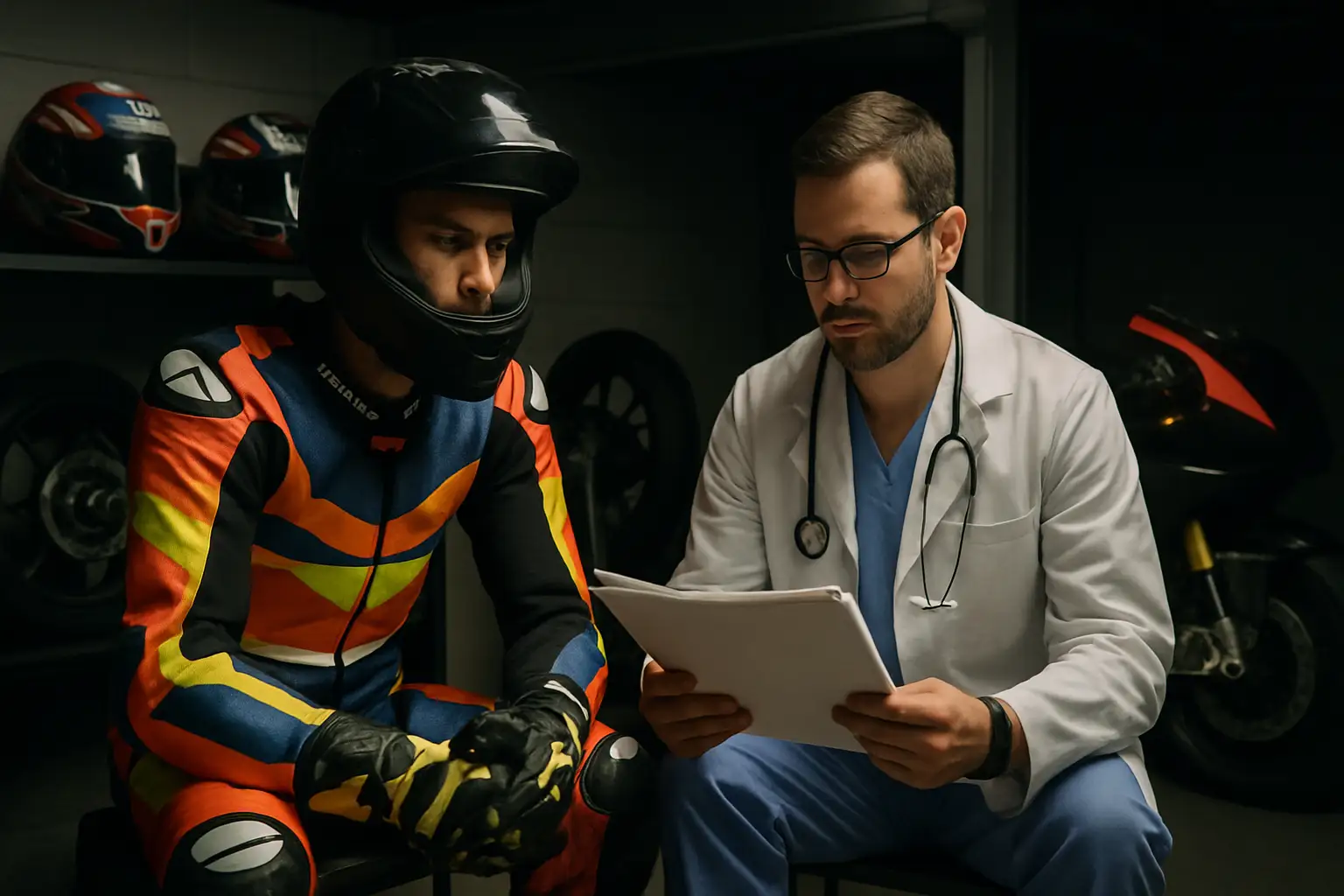MotoGP rider in racing leathers sitting in a paddock garage with medical staff nearby