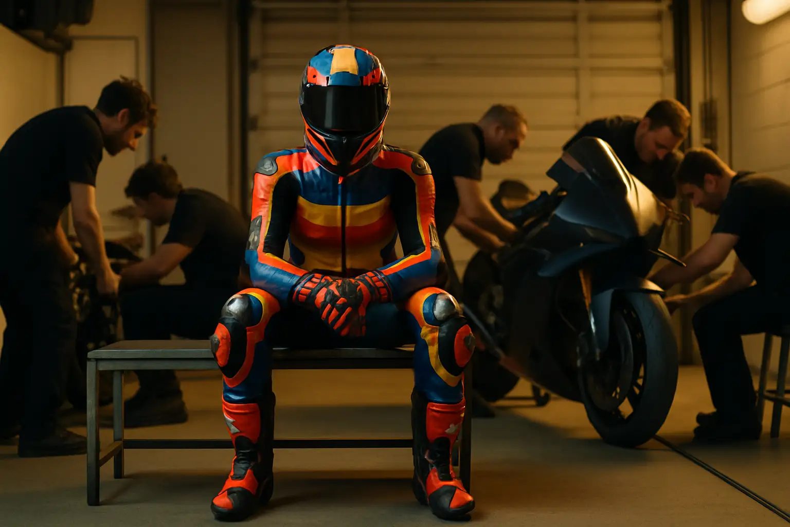 MotoGP rider in full leathers and helmet sitting in a pit lane garage during a race weekend