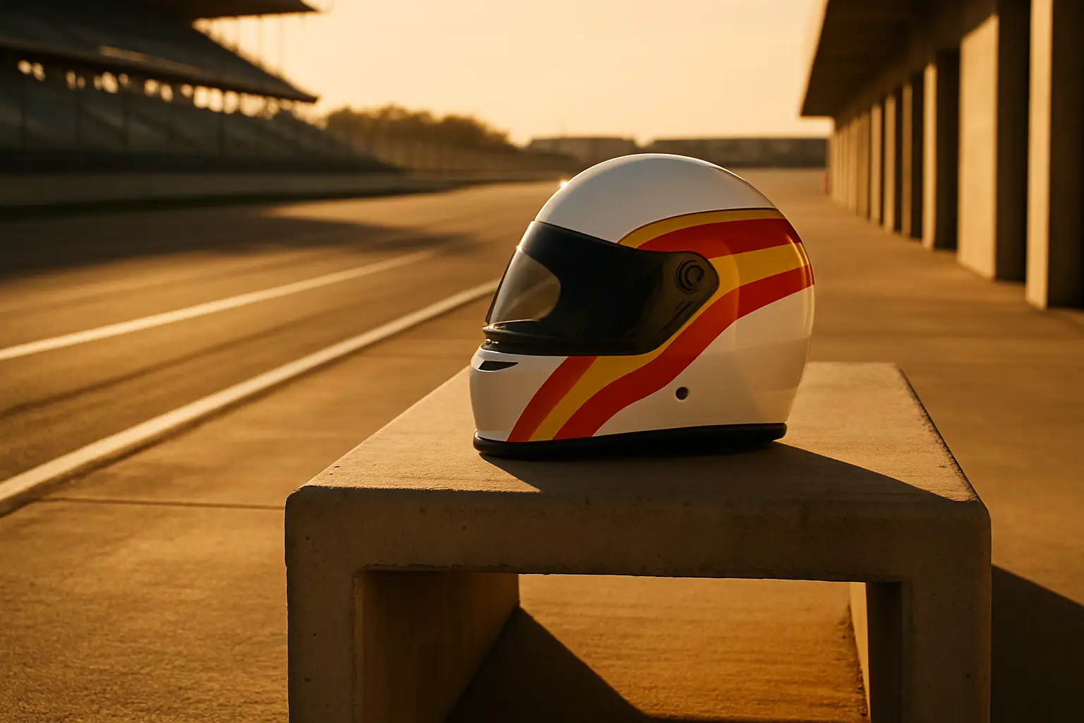 A motorcycle racer's helmet resting on a pit lane bench with an empty racetrack in the background