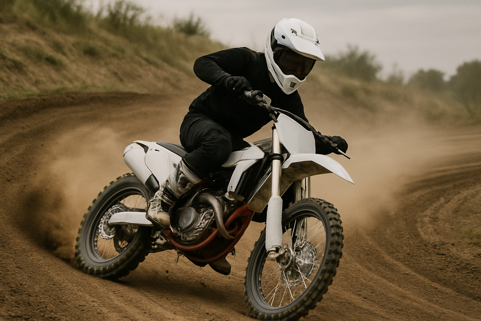 A MotoGP rider training on a motocross bike on a dirt track, leaning through a corner at speed