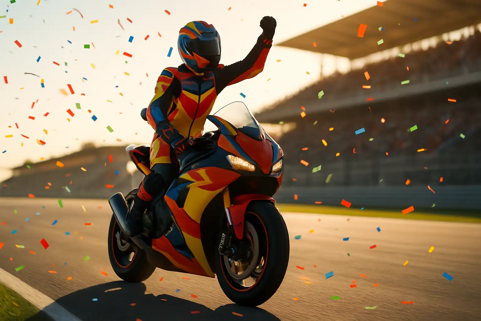 A MotoGP rider in full racing leathers and helmet celebrating a championship win on track