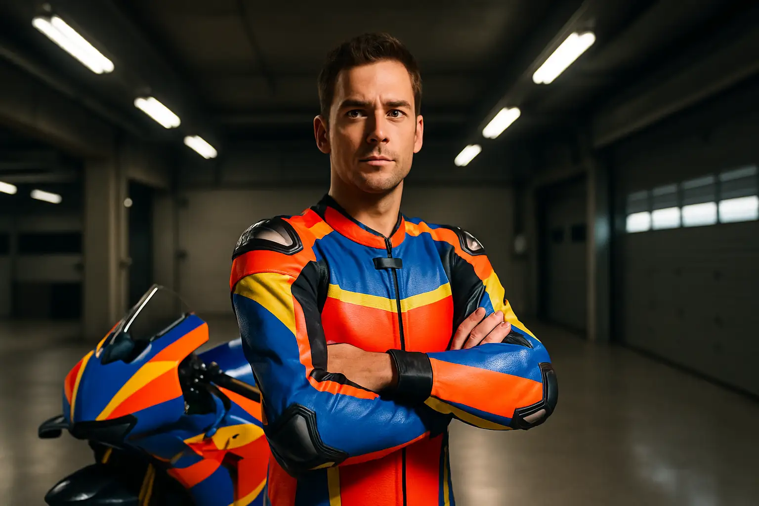 MotoGP rider in racing leathers standing confidently in a paddock garage with a motorcycle in the background