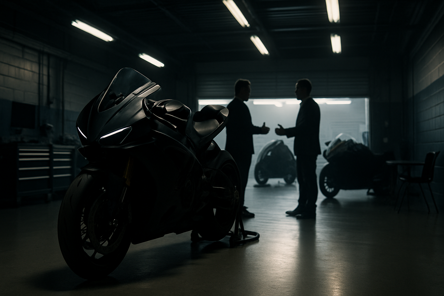 MotoGP rider in racing leathers standing beside a factory superbike in a paddock garage