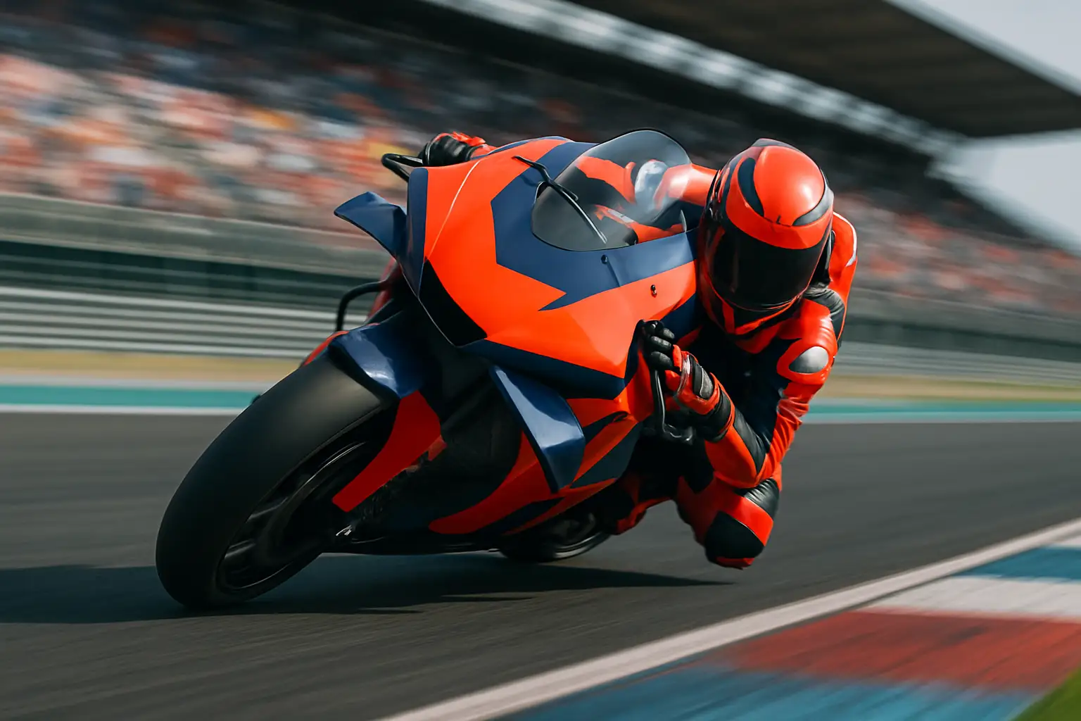 MotoGP rider leaning into a corner at high speed on a modern prototype motorcycle