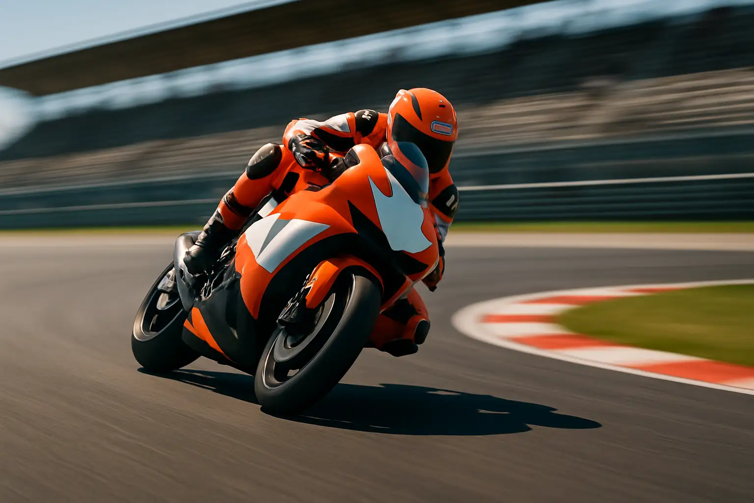 MotoGP rider on an Aprilia bike leaning through a corner at speed on a racing circuit