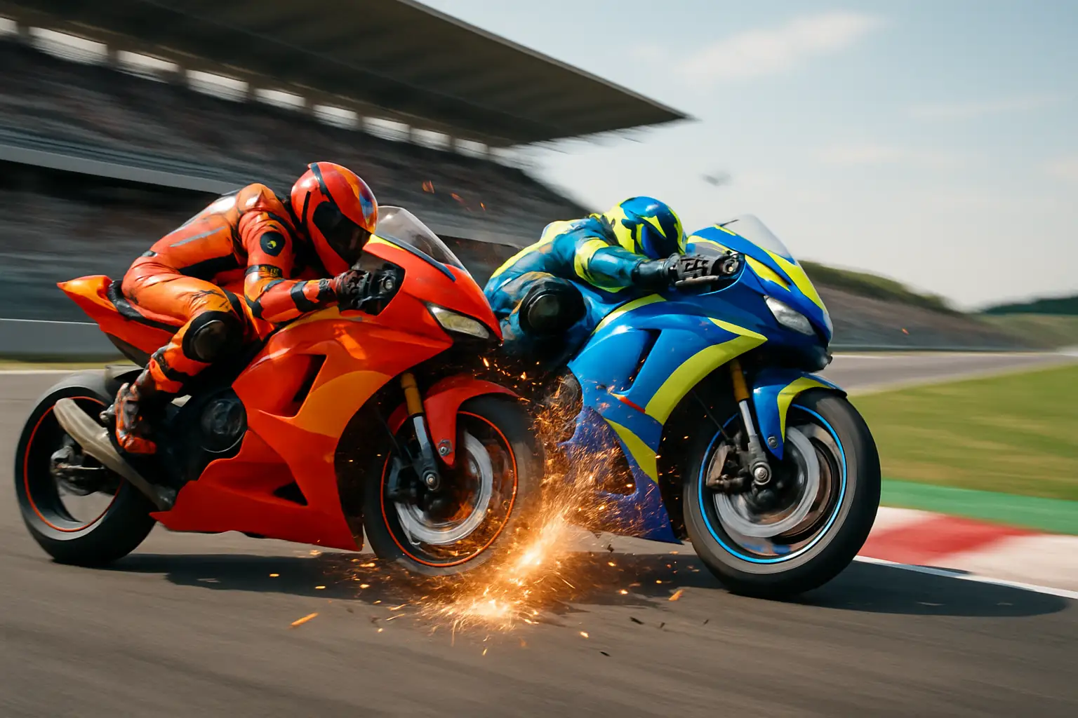 Two MotoGP motorcycles colliding on a circuit during a Grand Prix race
