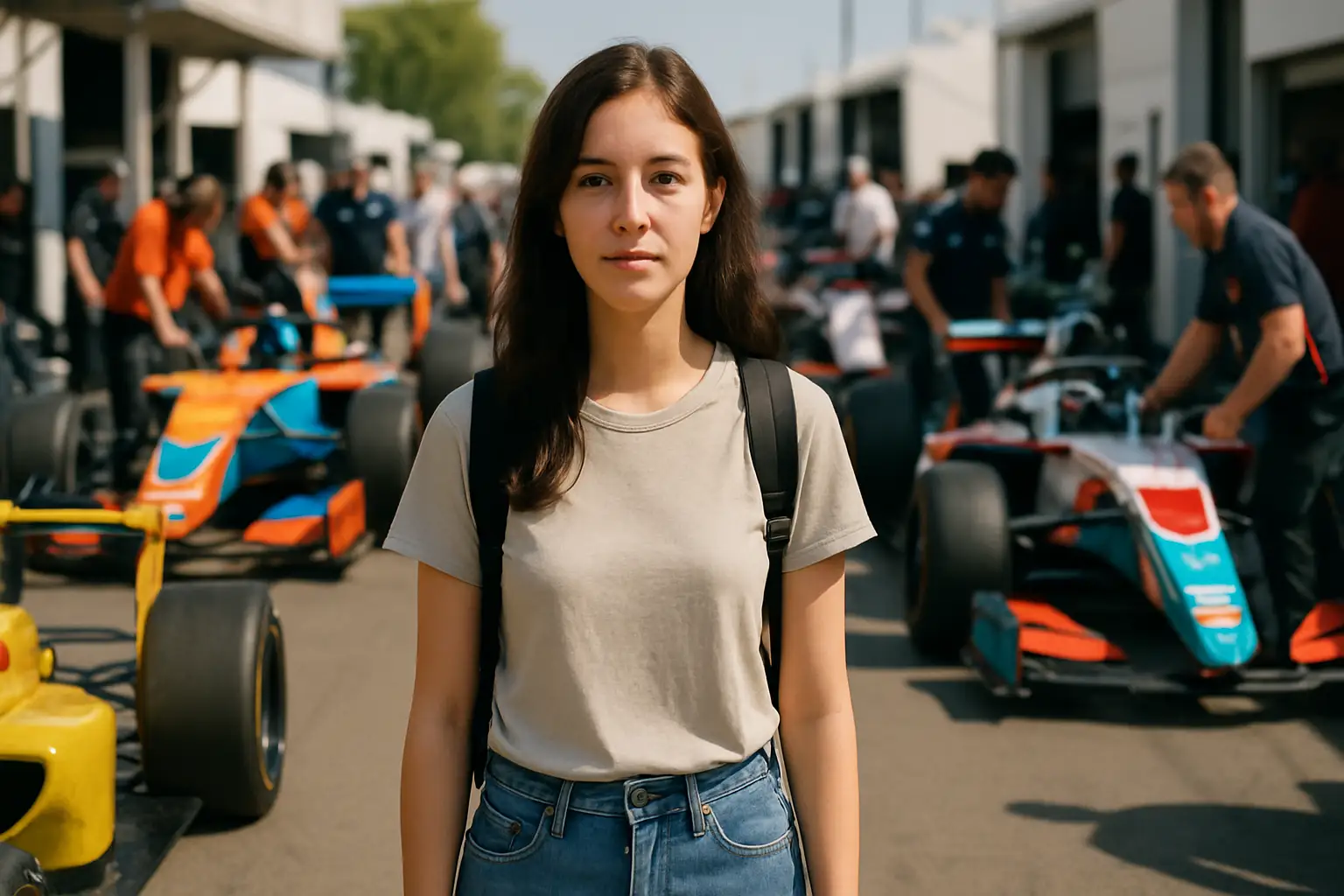 A young woman standing in a motorsport paddock surrounded by racing motorcycles and team equipment