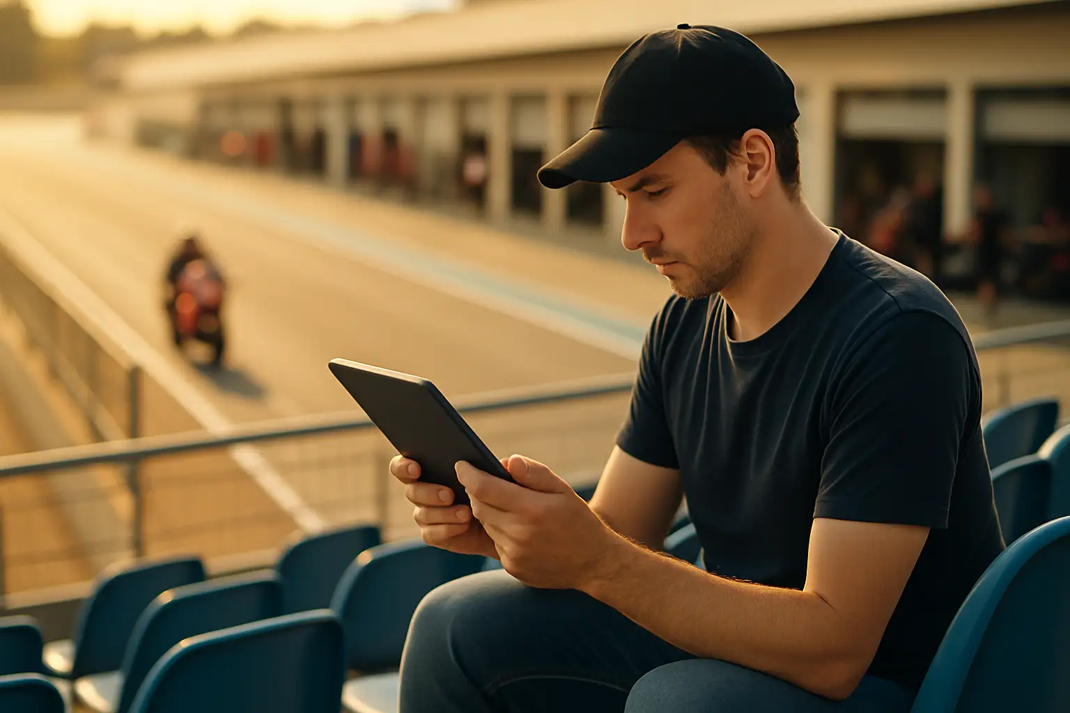 A motorcycle racing fan reading MotoGP coverage on a tablet at a racetrack grandstand