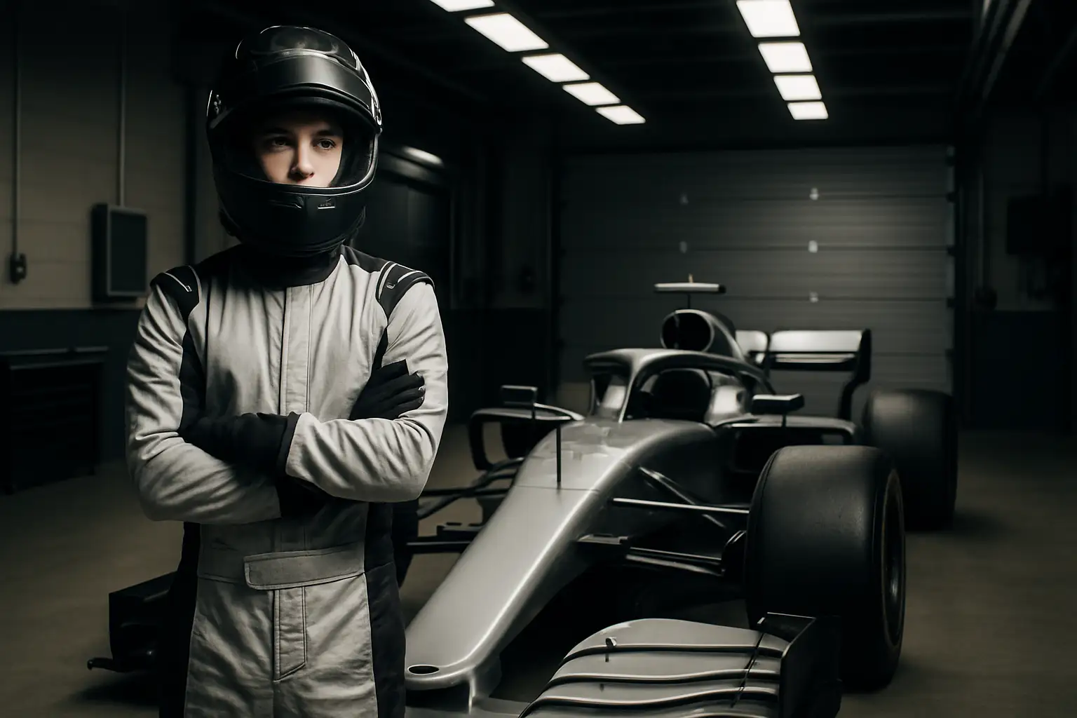 Young Formula 1 driver in racing suit standing beside a silver racing car in a pit lane garage