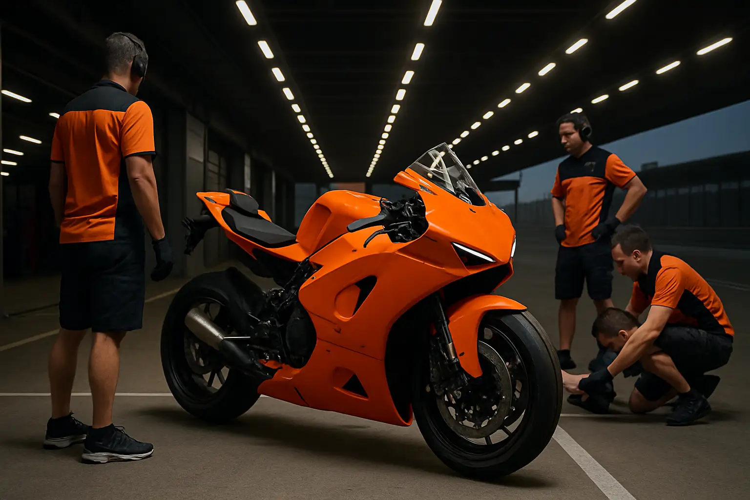 A KTM MotoGP motorcycle on a race circuit with pit lane in the background