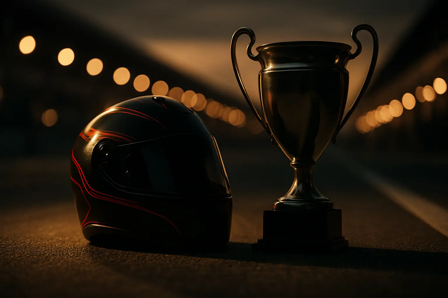 A racing helmet and trophy representing a motorsport championship crossover between NASCAR and MotoGP