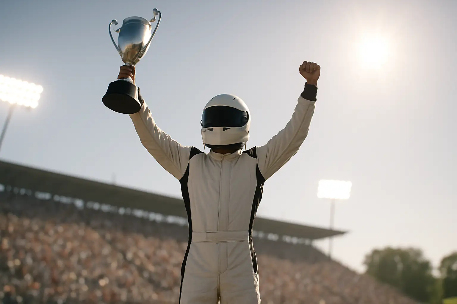 Racing driver celebrating a victory on a podium with a trophy in hand