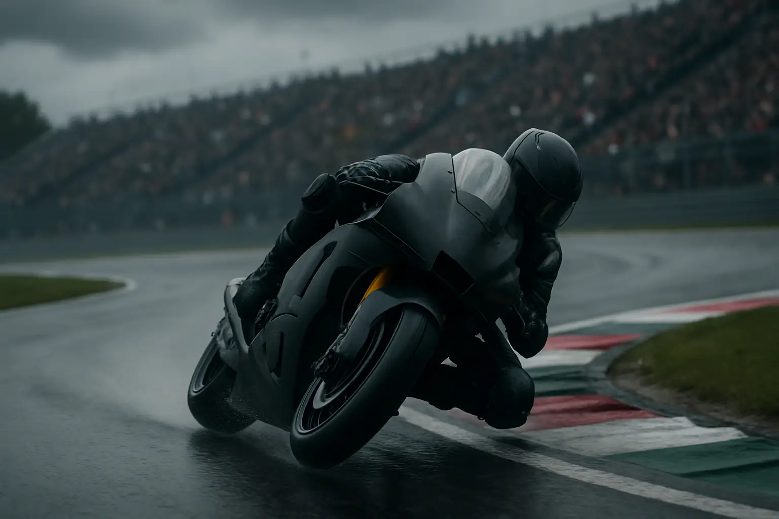 MotoGP rider leaning through a corner at Le Mans Bugatti Circuit during race weekend