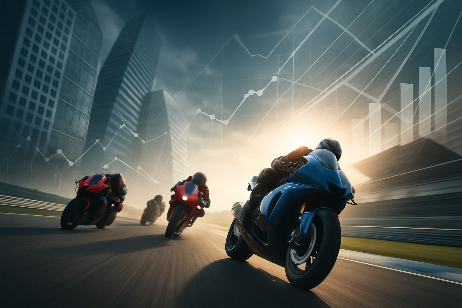 MotoGP motorcycles racing on a circuit with financial and corporate imagery in the background