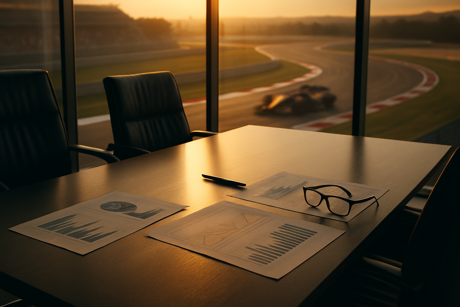 Abstract financial chart graphic overlaid on a motorsport racing circuit background