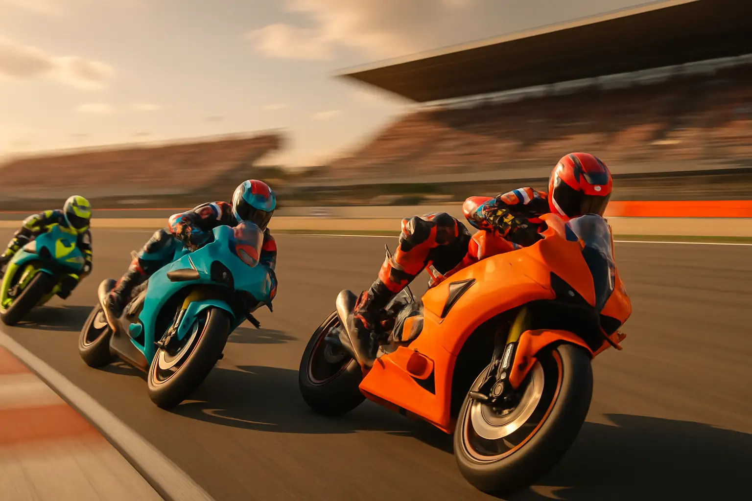 MotoGP bikes racing through a circuit corner at high speed during a sprint race
