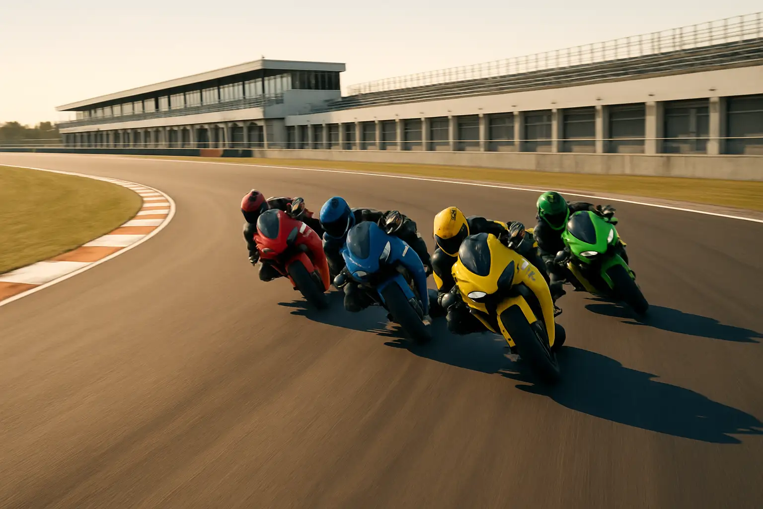 MotoGP motorcycles racing through a corner on a sunlit circuit with grandstands in the background