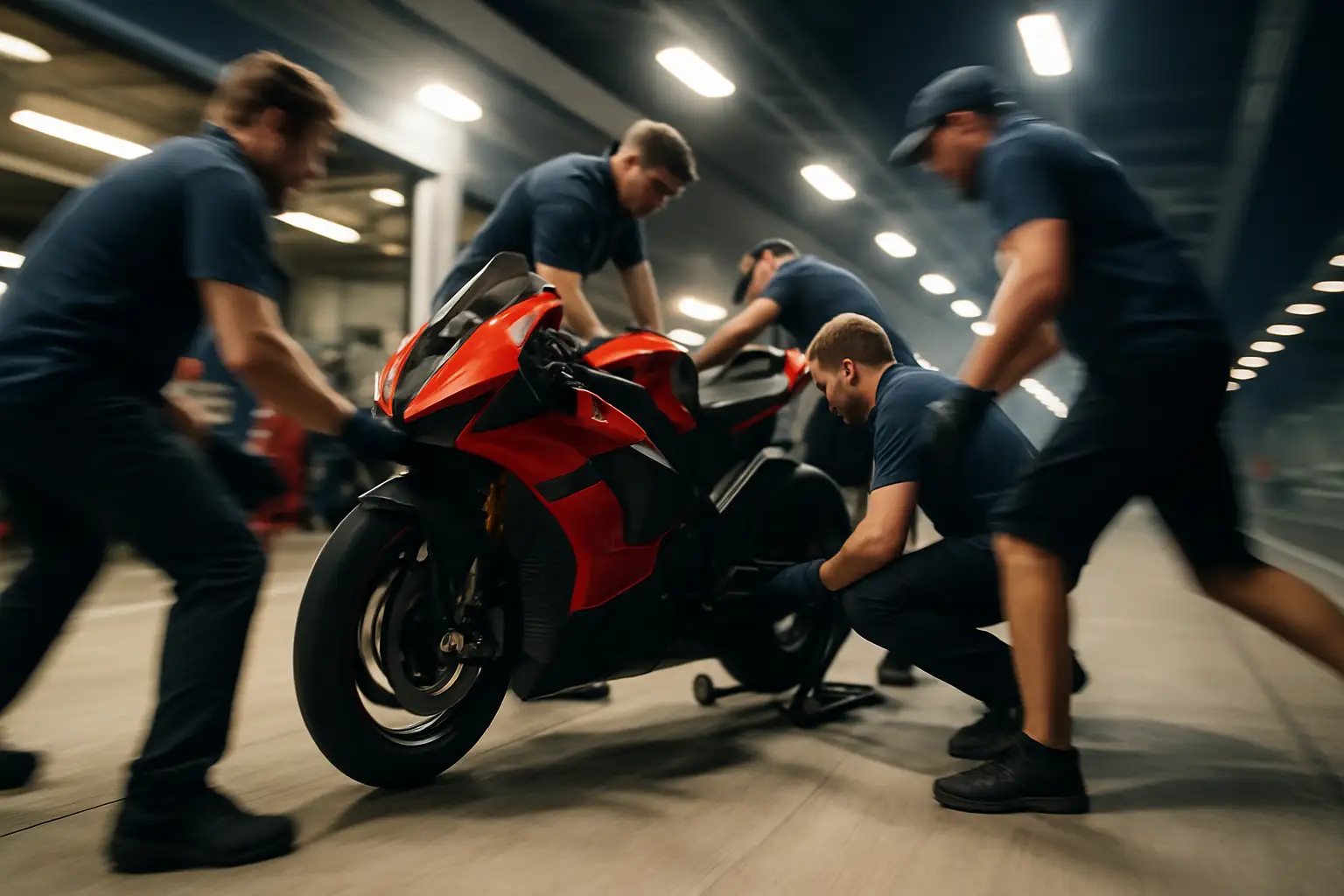 MotoGP pit lane during a live race weekend with mechanics preparing a motorcycle