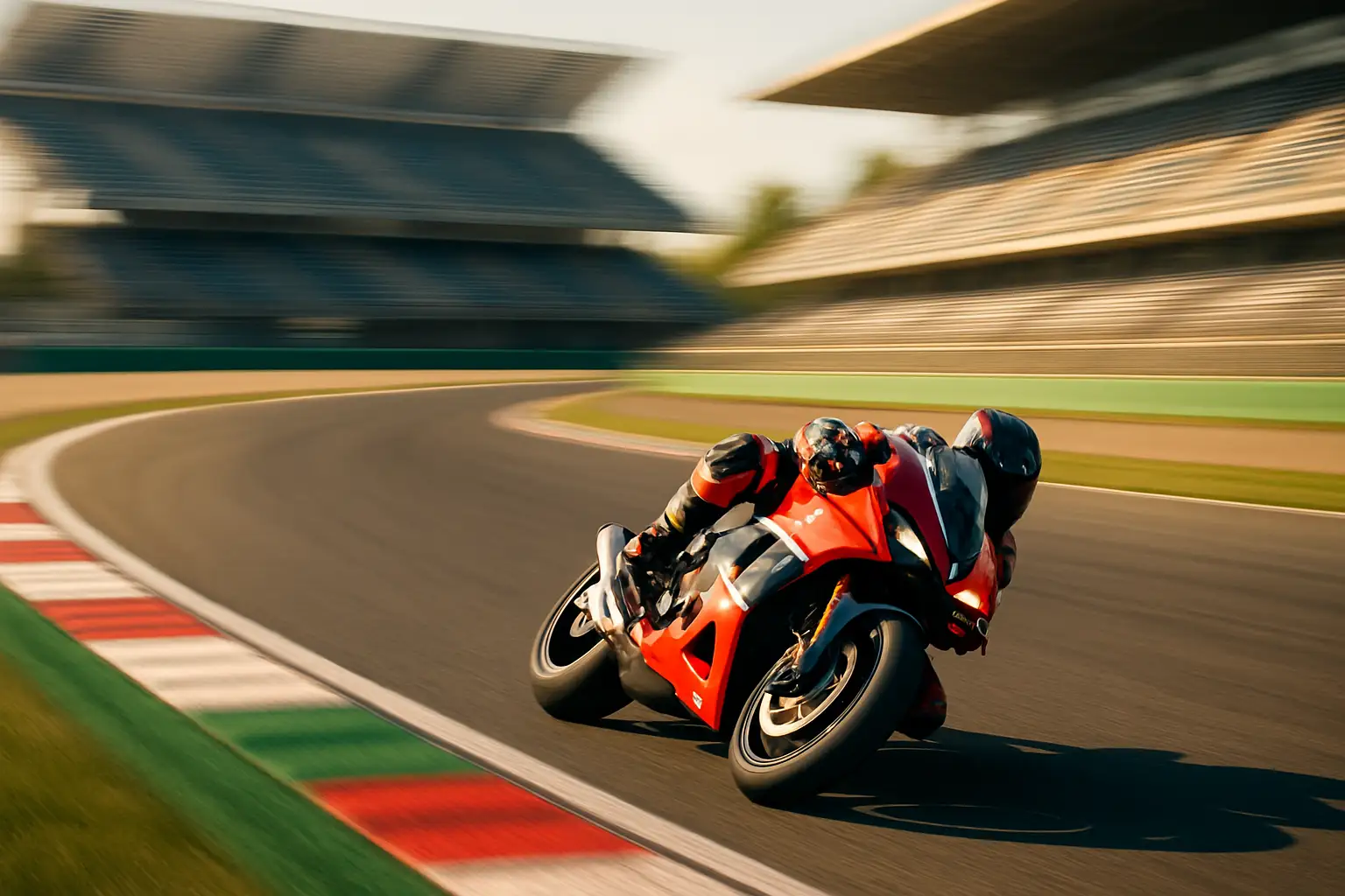 MotoGP motorcycle racing on a grand prix circuit with a packed grandstand