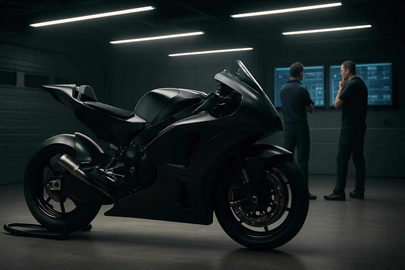 A MotoGP factory motorcycle in a pit garage surrounded by engineers reviewing data
