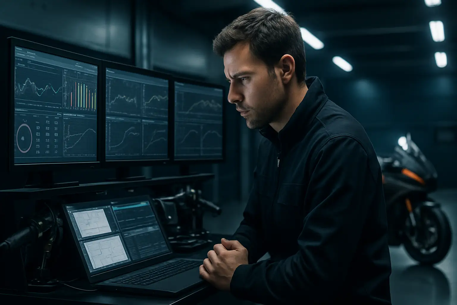 A MotoGP engineer studying technical data in a race paddock garage