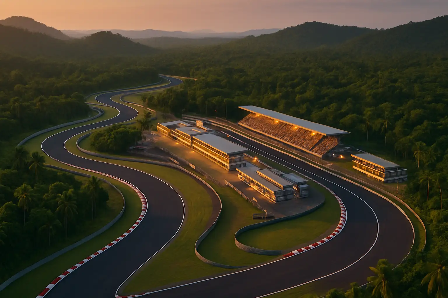 Aerial view of Sepang International Circuit at dusk with racing atmosphere