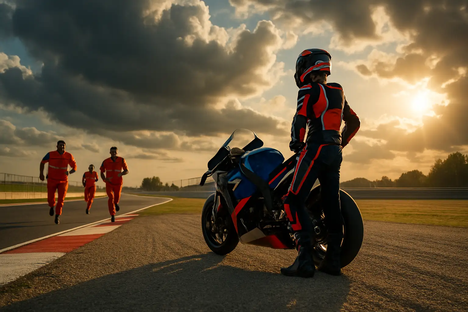 A MotoGP rider's bike stopped trackside after a retirement during a race, with marshals approaching