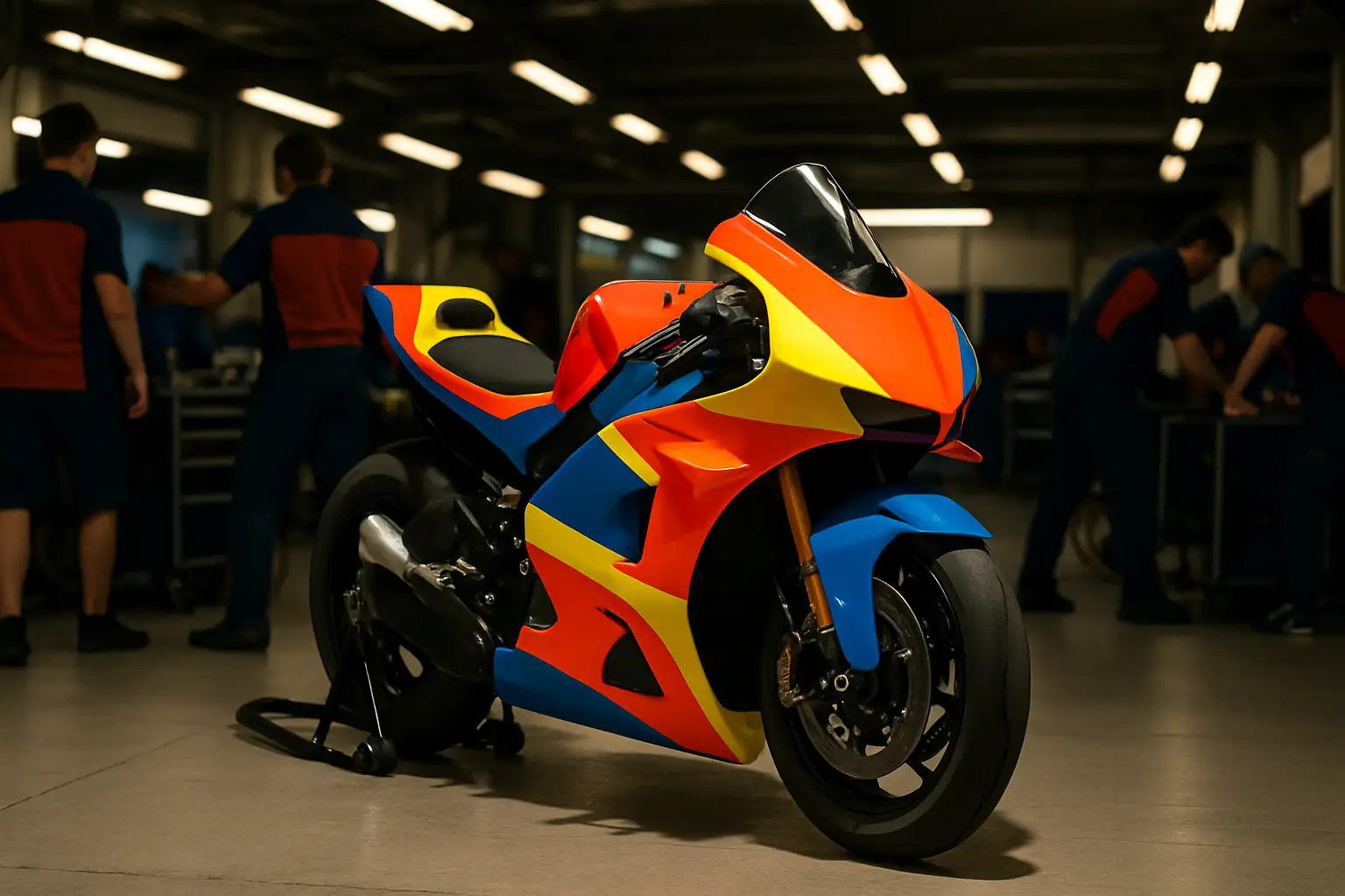 A MotoGP motorcycle on track during a race weekend with pit lane activity in the background