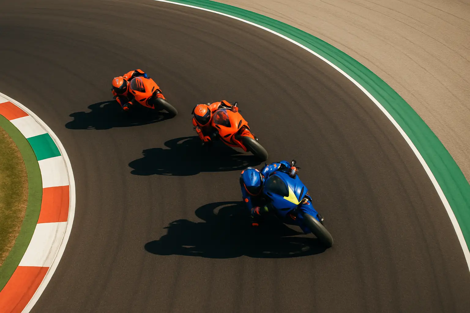 Three MotoGP riders fighting for position on a sweeping racetrack under bright Texas skies